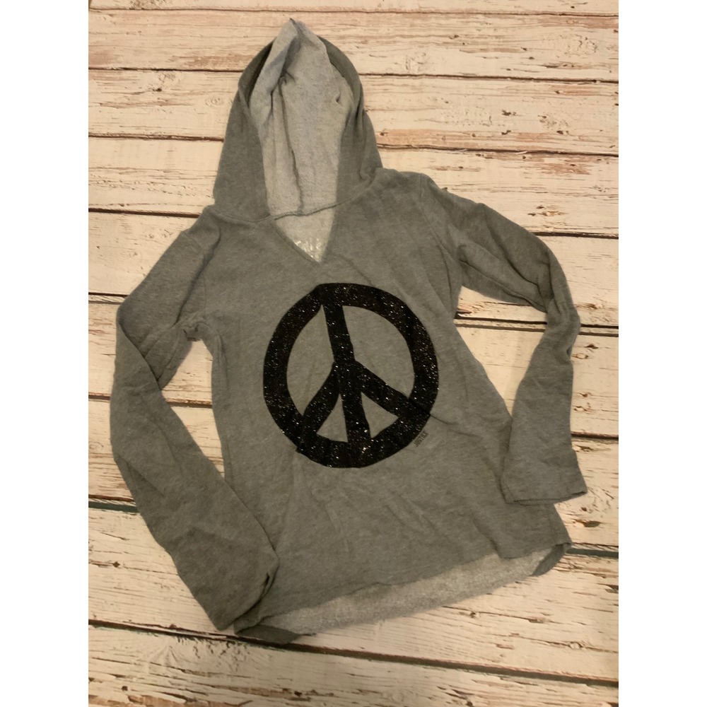 Justice Girls Gray Glitter Peace Sign Hoodie Sweatshirt Size 8 V-Neck Pullover